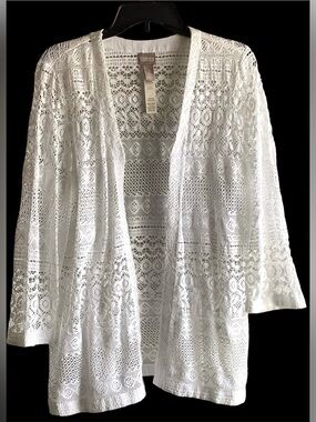 Chico's White Crochet Openwork Cardigan cotton Blend